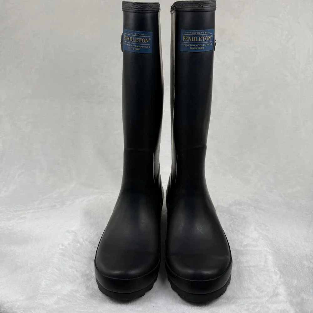 Pendleton Black Rubber Tall Rain‎ Boots Womens Size 7 Southwestern Lining Buckle